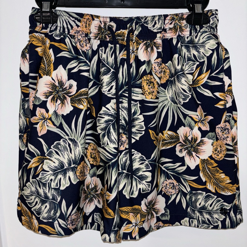 Lucky Brand Blue and White Swim Trunks with Tropical Print